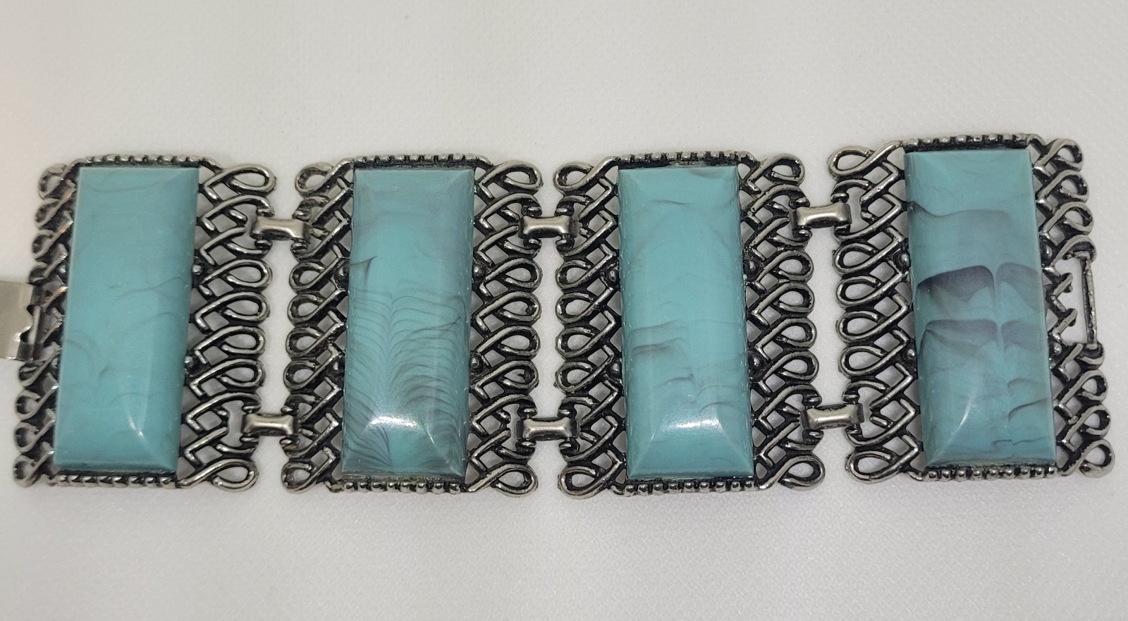1950s Faux Turquoise Cabochon Bracelet Silver Tone