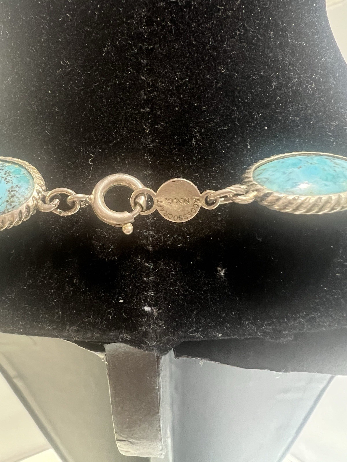 Vintage ACCESSOCRAFT NYC Bezel Set Faux Turquoise Bar Link Silver Tone Necklace