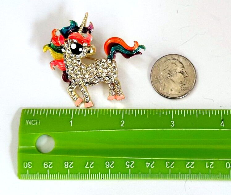 Gold Tone Unicorn With Rhinestones & Rainbow Colors Enamel Brooch