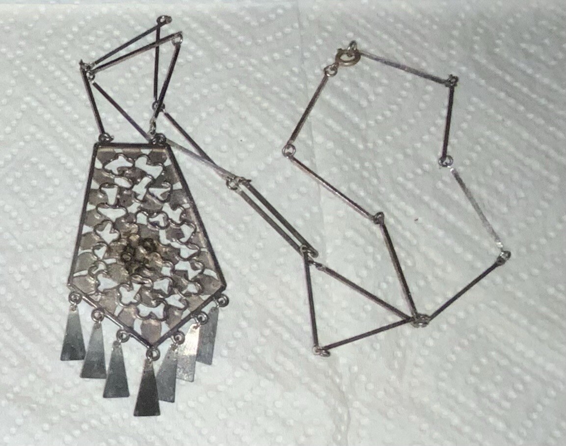 Vintage Silver Plate Metal Tiger Eye Stone/Gem Dangle Necklace, Israel