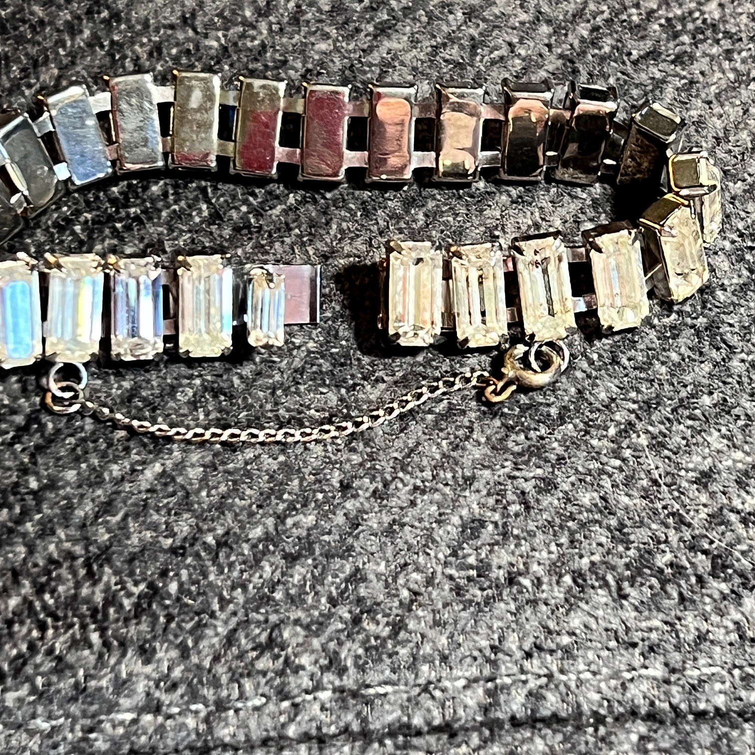 Vtg Wide Rhinestone Tennis Bracelet Box Clasp Safety Chain Octagon Cut Stones