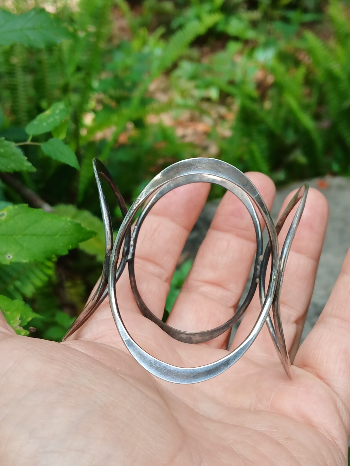 Vintage Geometric Ovals Sterling Silver Bangle Bracelet Modernist Design Art