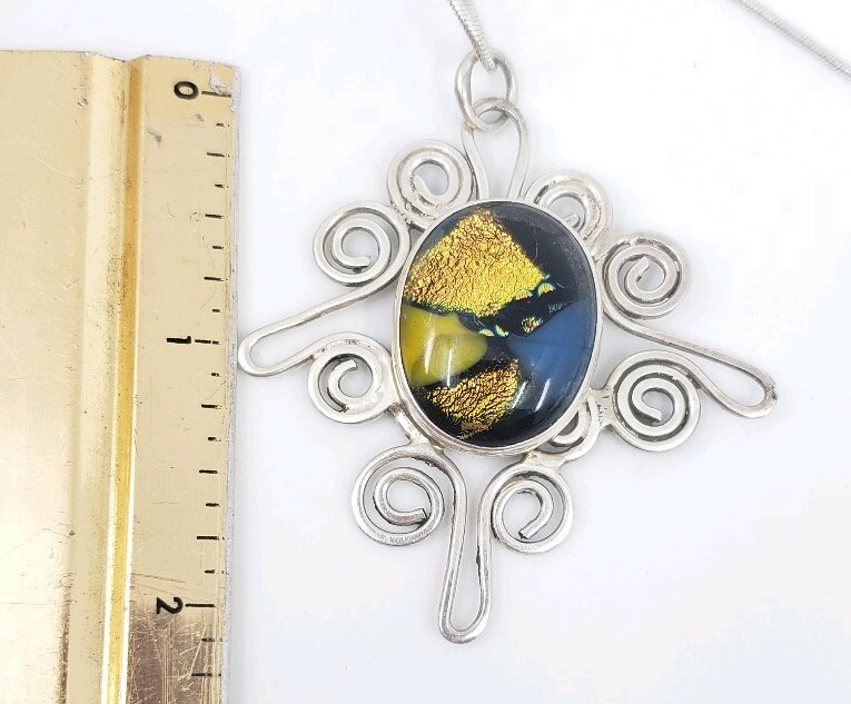 Fine Vintage Sterling Silver Foil Art Glass Abstract Modernist Necklace Murano?