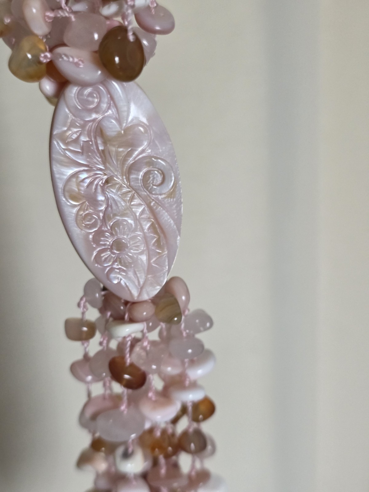 Sajen Multi Strand Gemstone Whimsical Statement Necklace Shell Rose Quartz