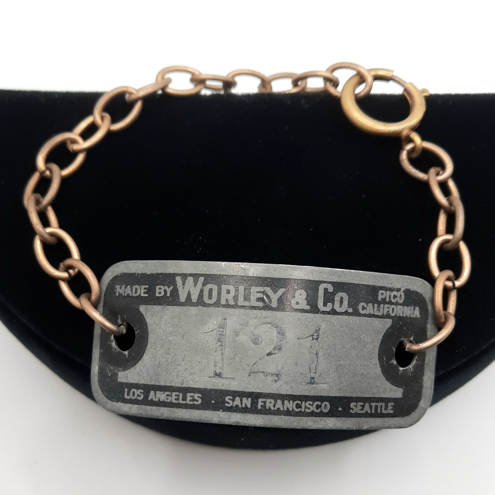 Worley & Co Pico California CA VTG Locker Tag Bracelet # 121 Brass Chain OOAK