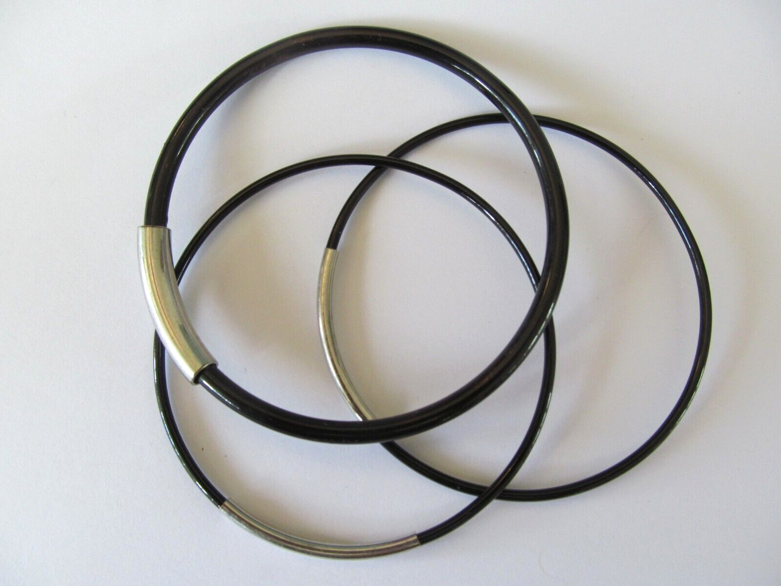 THREE DIFFERENT SHAPES BLACK METAL w/SILVER BAND DESIGNS SLIP ON BANGLE BRACELET