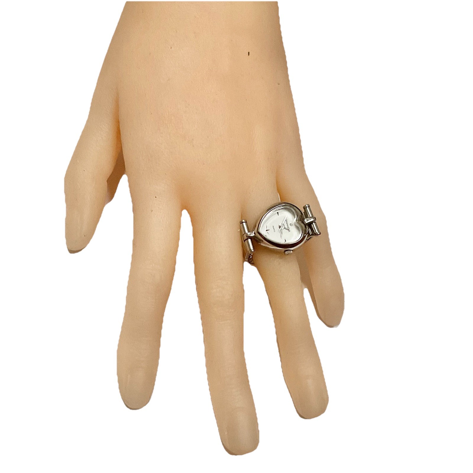 Vintage Shannons Watch Ring Heart Shaped Silver Tone Stretch Band UNTESTED