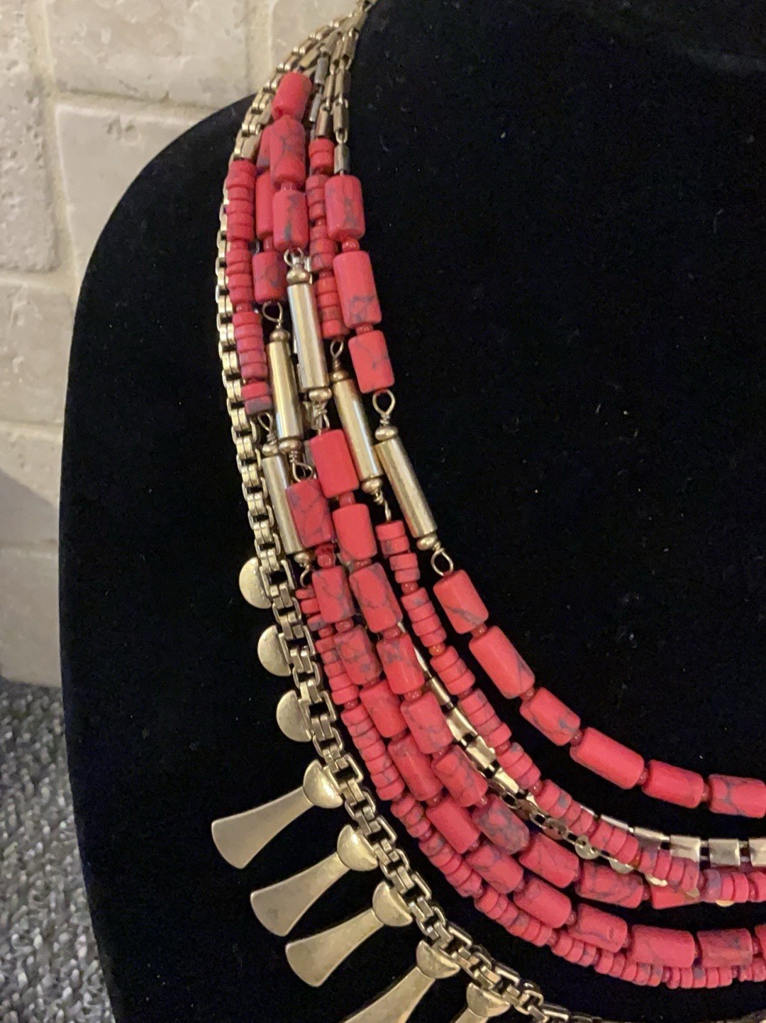 Stella & Dot Bliss Convertible Red, Antique Gold Tone Statement Necklace- GUC!