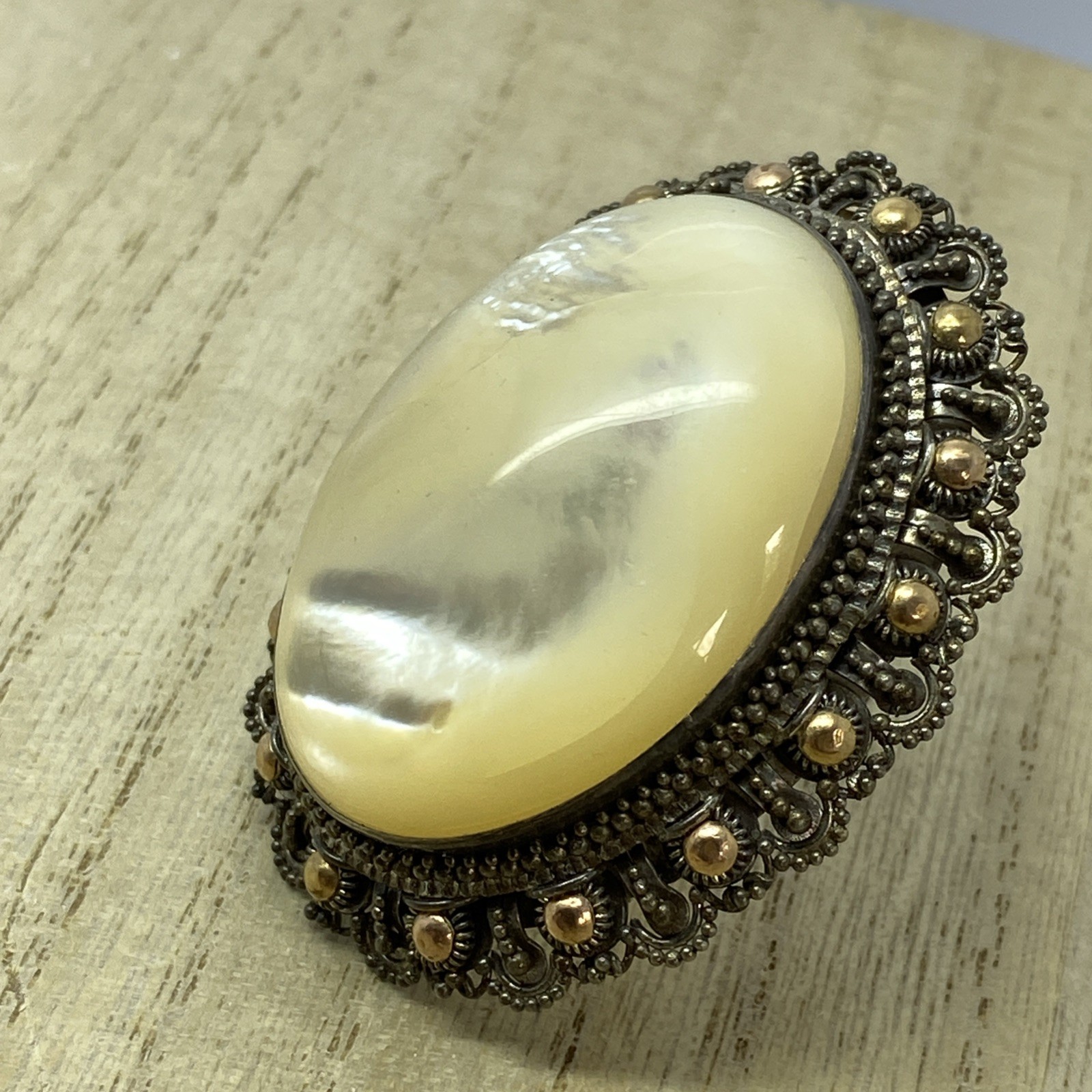 Large Mother Of Pearl Brooch Set In Sterling And Gold Filled Accents