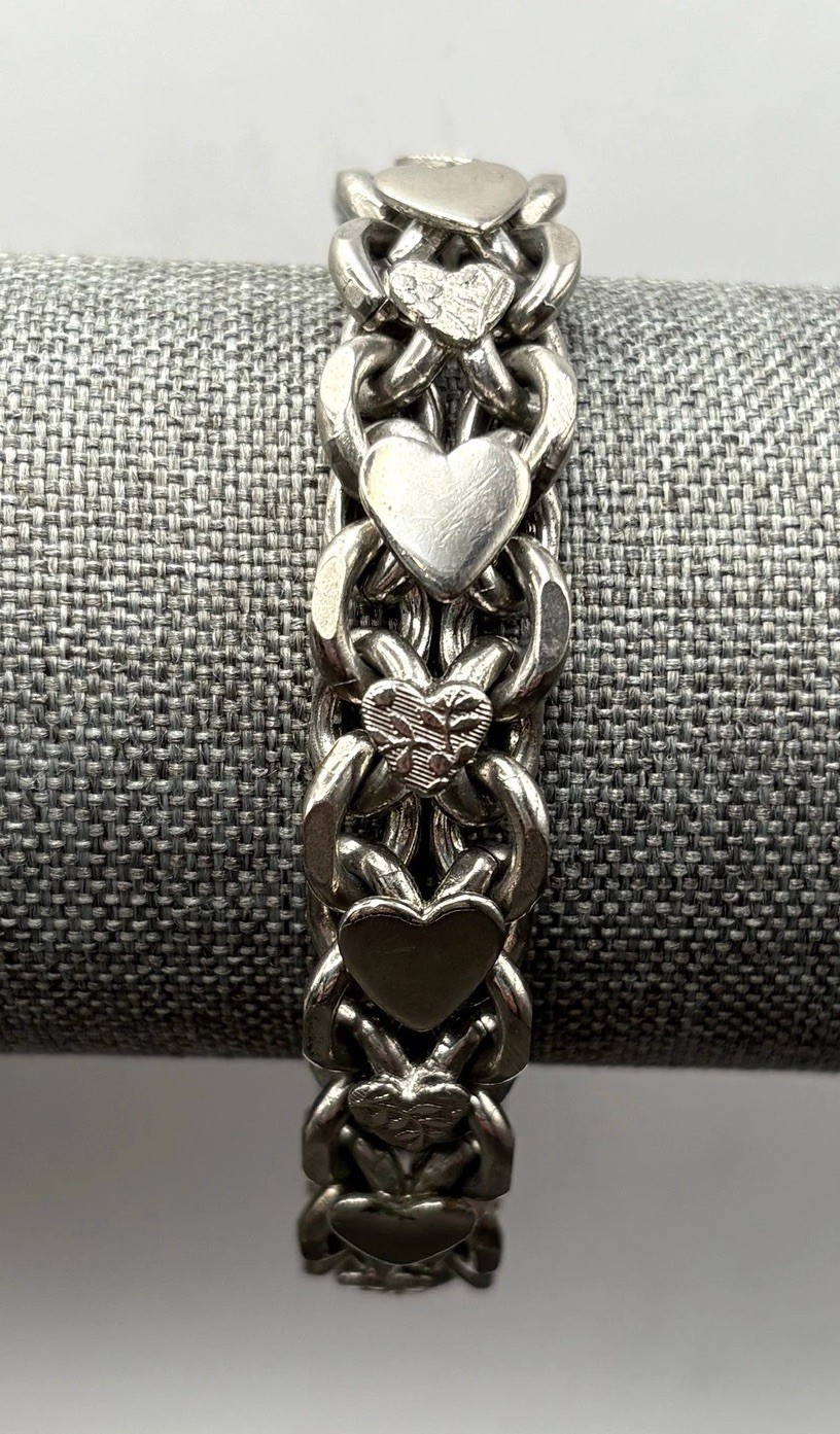 Vintage Heavy Chunky Silver Tone Heart Charm Starter Cuban Link Chain Bracelet