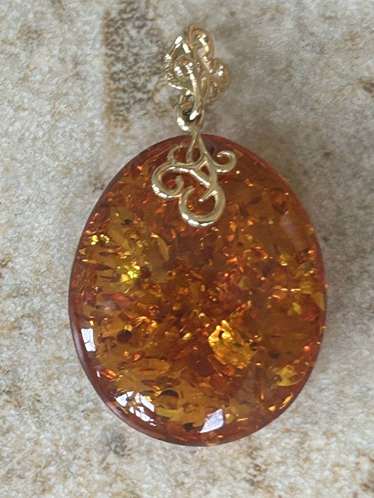 14K Gold Genuine Baltic Amber Cognac Teardrop Pendant