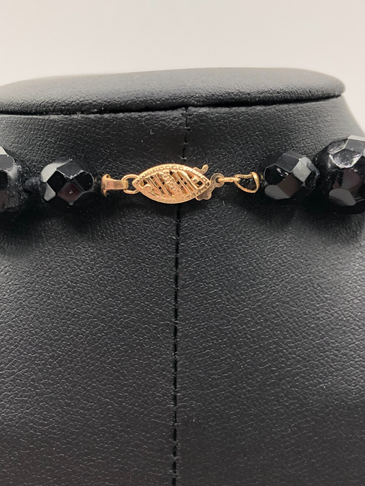 Vintage Heavy Black Faceted Crystal Glass Beaded Necklace 1 CM Beads 14 Kt Clasp