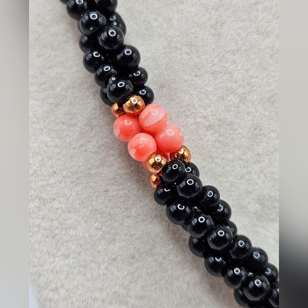 VINTAGE Black Onyx and Coral Twisted Multi-Strand Beaded Necklace Barrel Twist