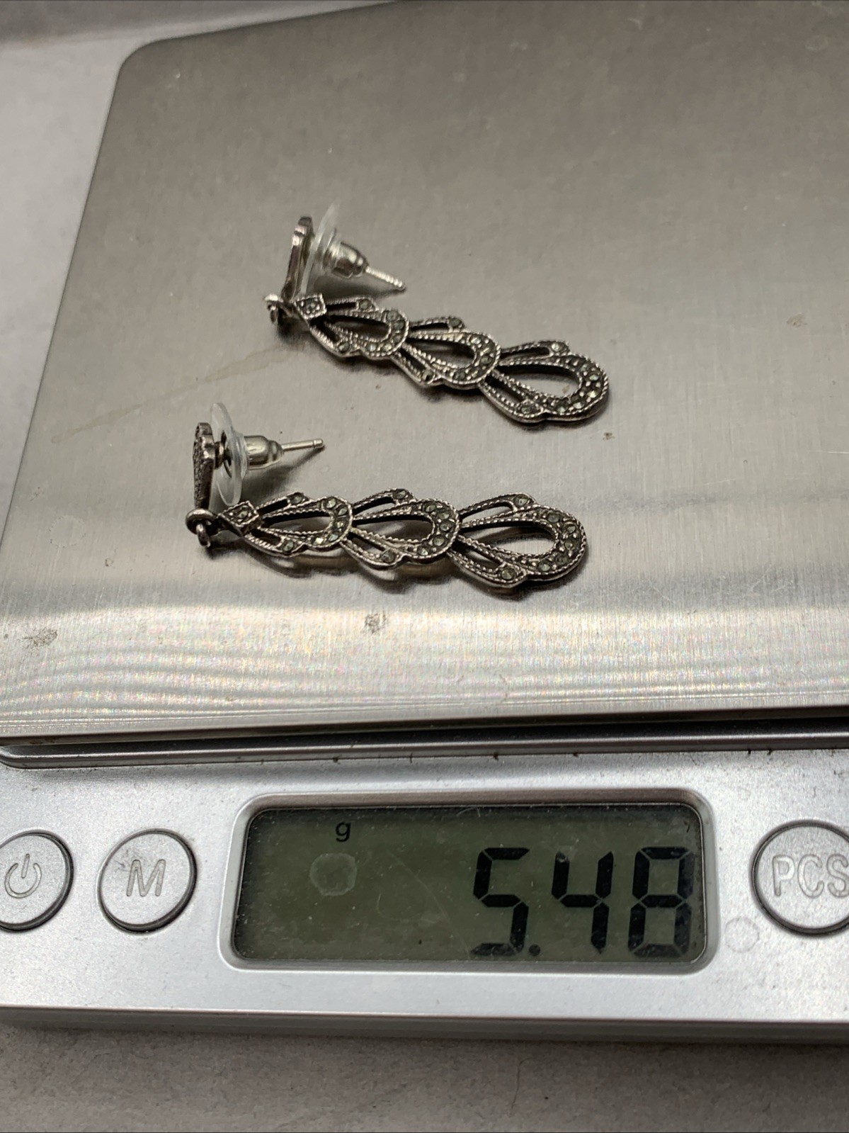 Vintage Sterling Silver Marcasite Filigree Dangle Drop Post Earrings