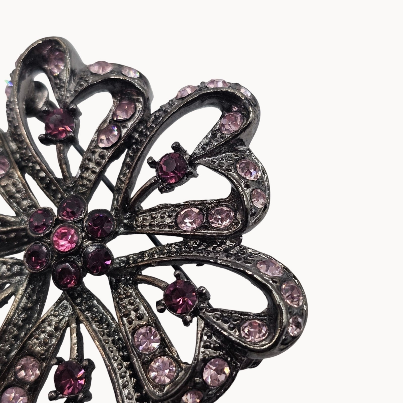 Rhinestone Floral Butterfly Brooch Pin Set 3pc Purple Pink Gunmetal Whimsigoth