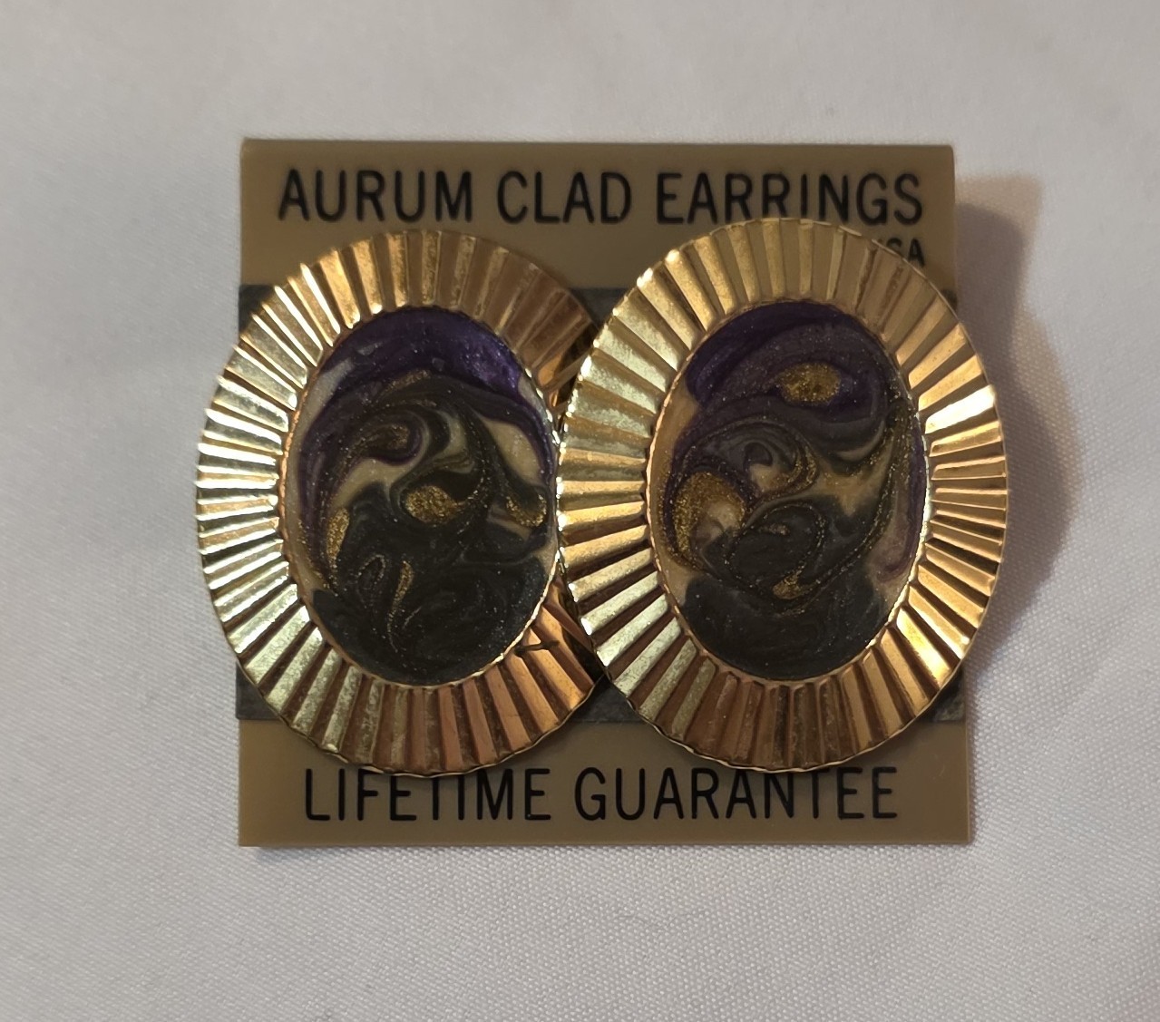 AURUM Gold-Tone Oval Swirl Enamel Earrings – Purple, Green & Cream