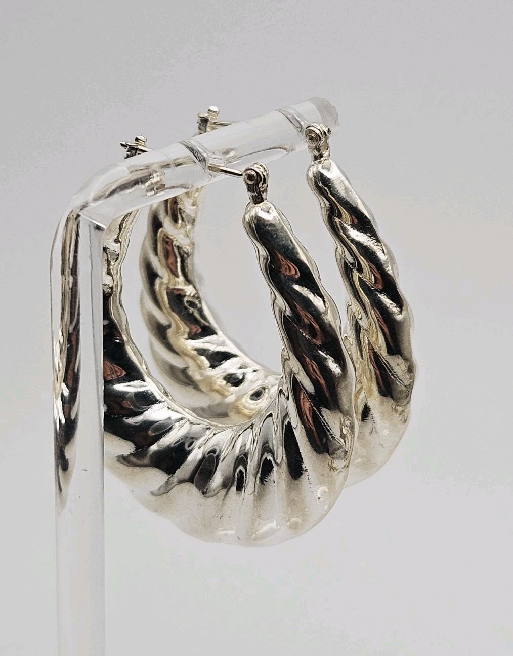 Sterling Silver Vintage Scalloped Puff Hoop Earrings 39mm Unidentified Mark