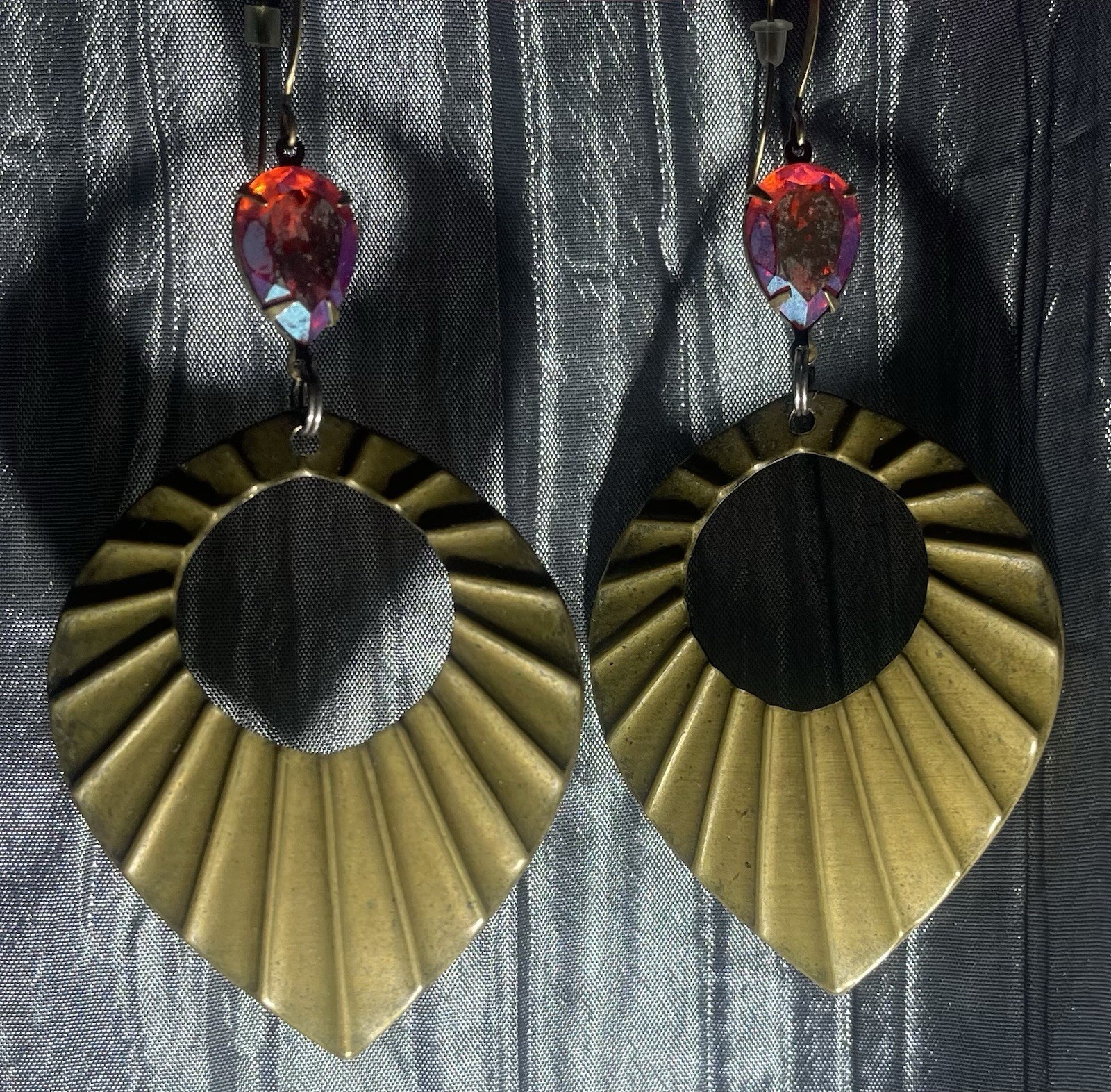 Brass Leaf Sun Shape Earrings Red Iridescent Glass Flare