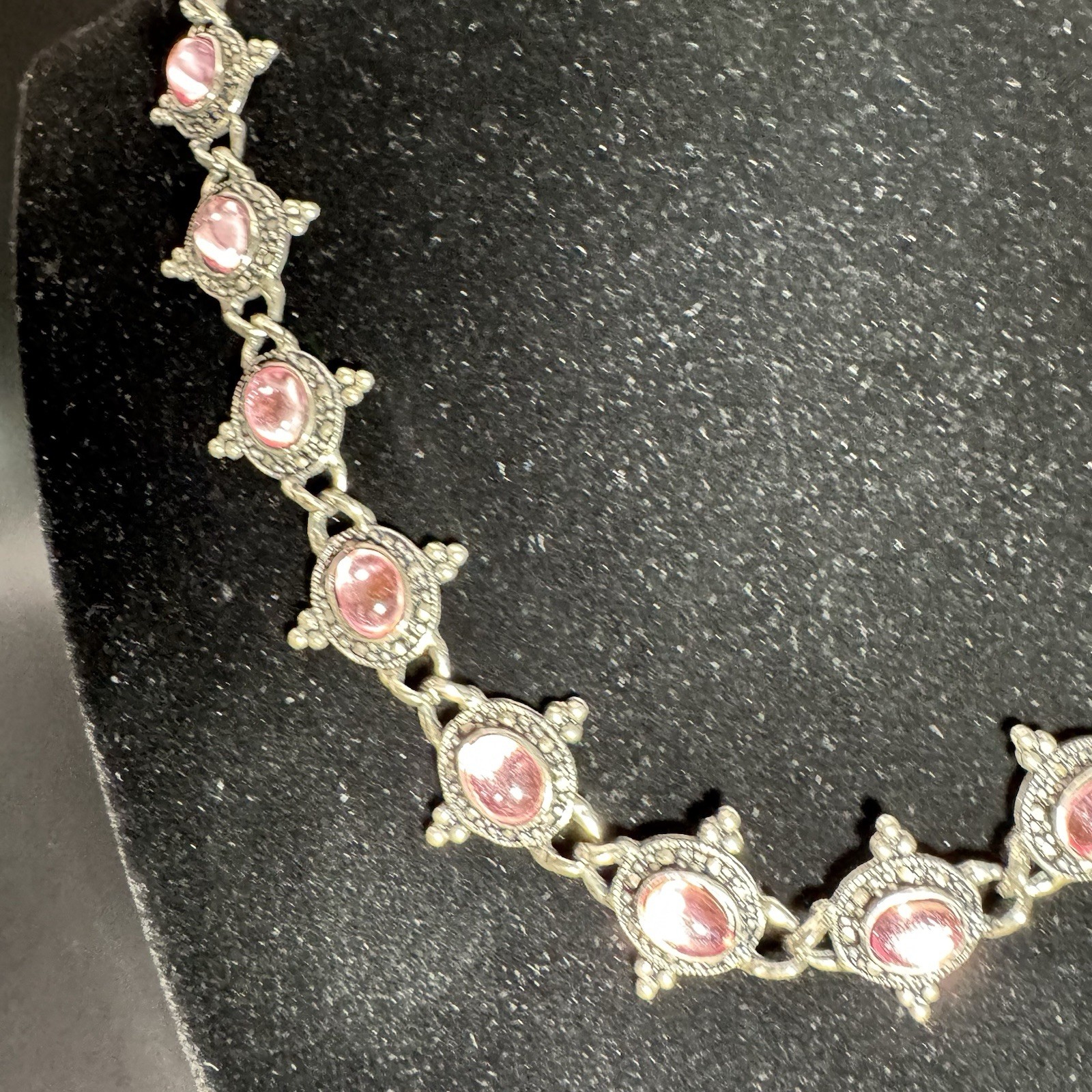 Vintage Silver Beaded & Marcasite Collar Necklace, Bezel Set With Pink Cabochons