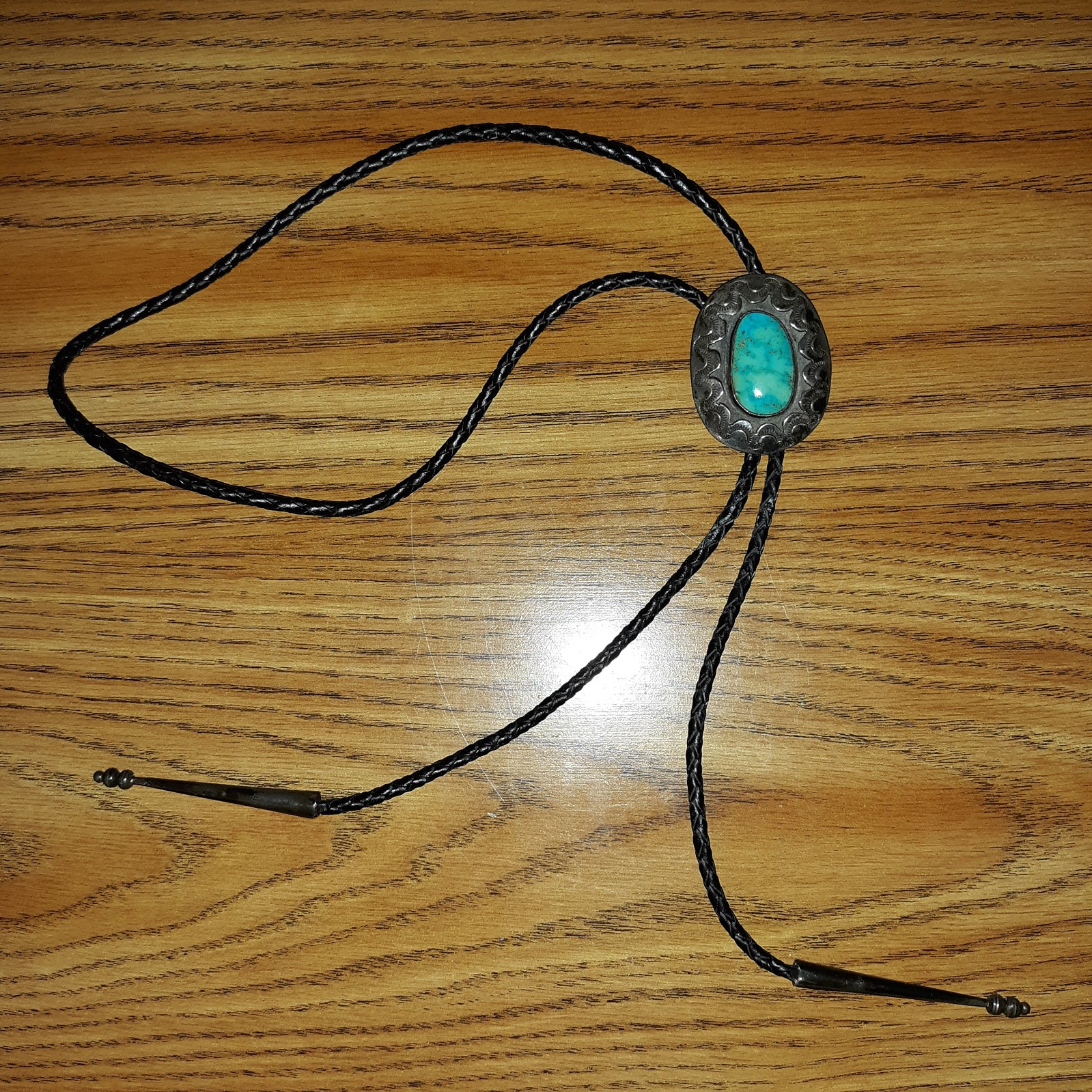 Vtg Bennett Pat Pend Bolo Tie Slide Turquoise Silver Black Leather Cord L 18″