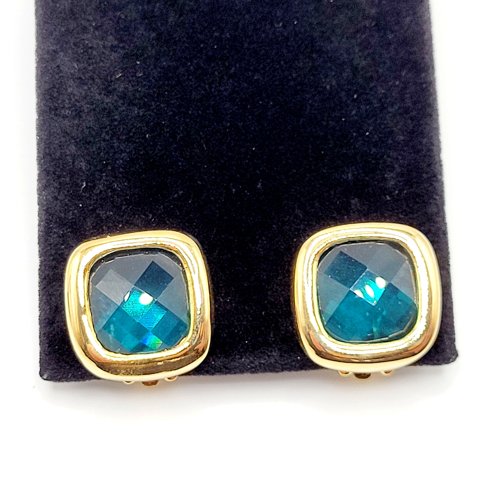 Aqua Light Blue Green Faceted Glass Soft Square Gold Tone Bezel Clip On Earrings