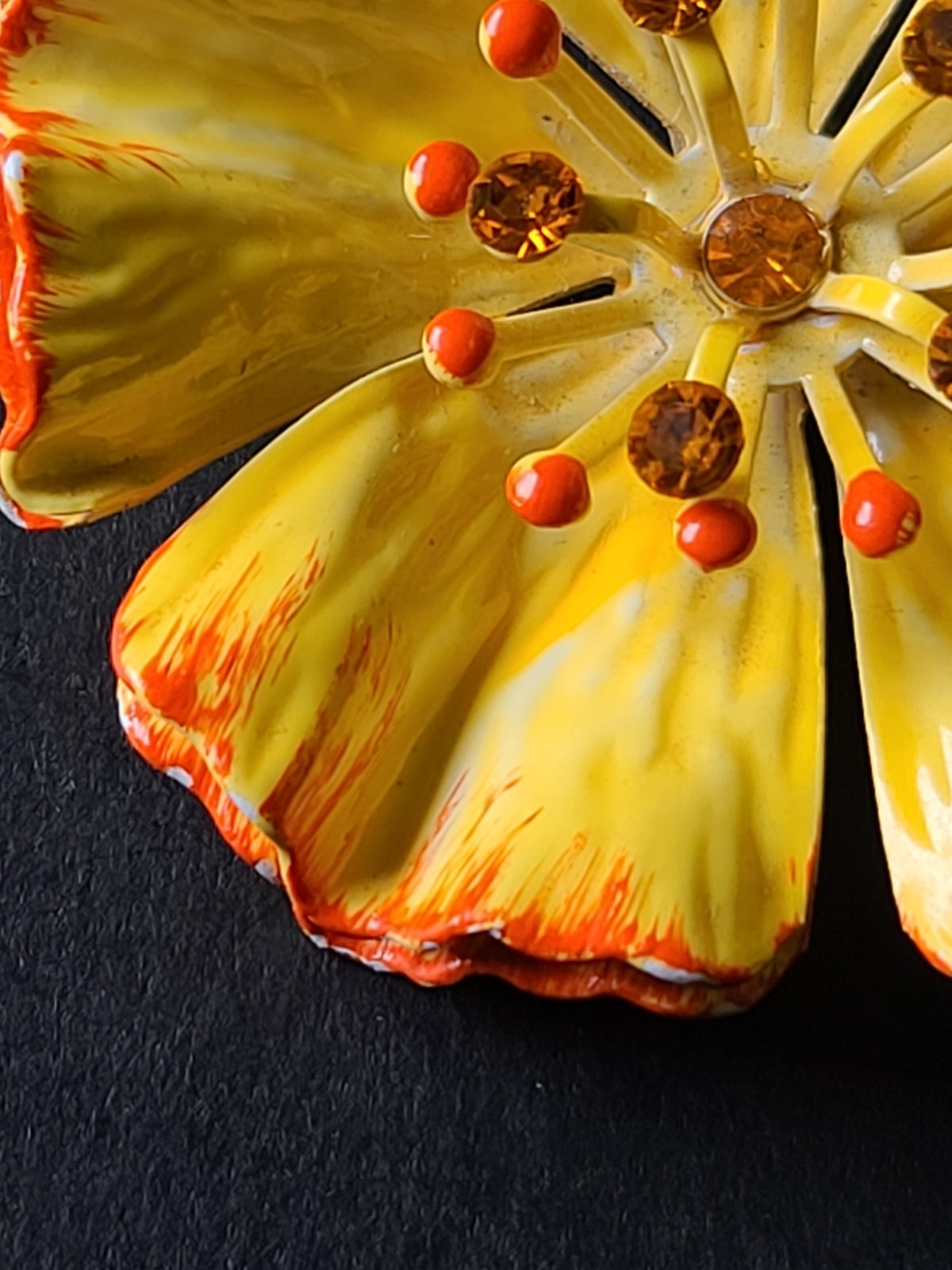 Vintage Yellow Enamel Poppy Flower Power Brooch Pin Hippie MCM Glows Under UV