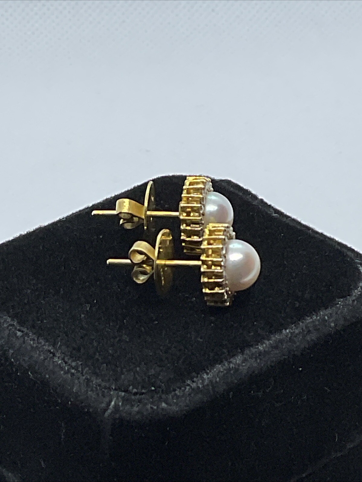 VINTAGE HANDMADE Solid 12K Yellow Gold Pearl & Diamond HALO Style STUD Earrings