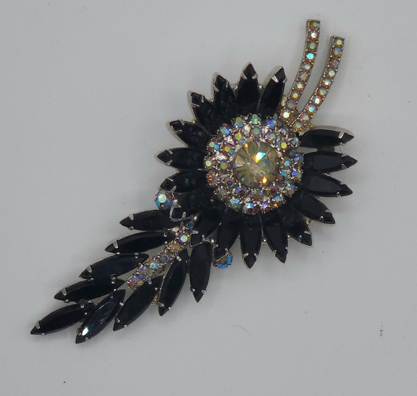 Vintage Delizza And Elster Juliana Sunburst Brooch Jet, Gray And AB Rhinestones