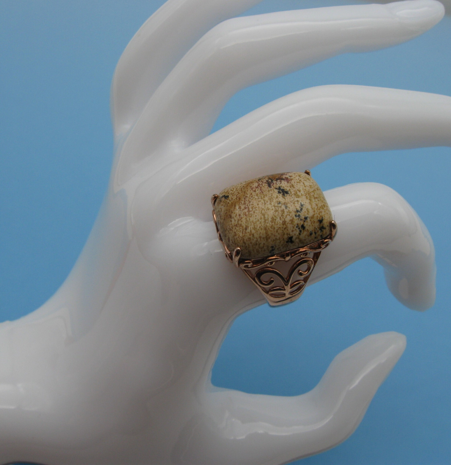 Vintage Jasper Stone Filigree Rose Gold Plated Ring Signed JZ Size 8