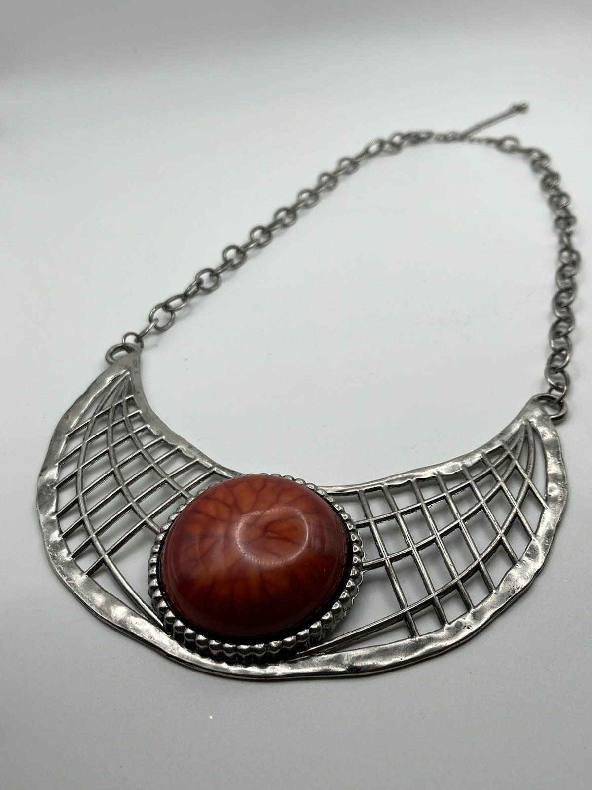 Brutalist Necklace Art Nouveau Inspired Hammered Lattice Bib Swirl Cabochon MCM