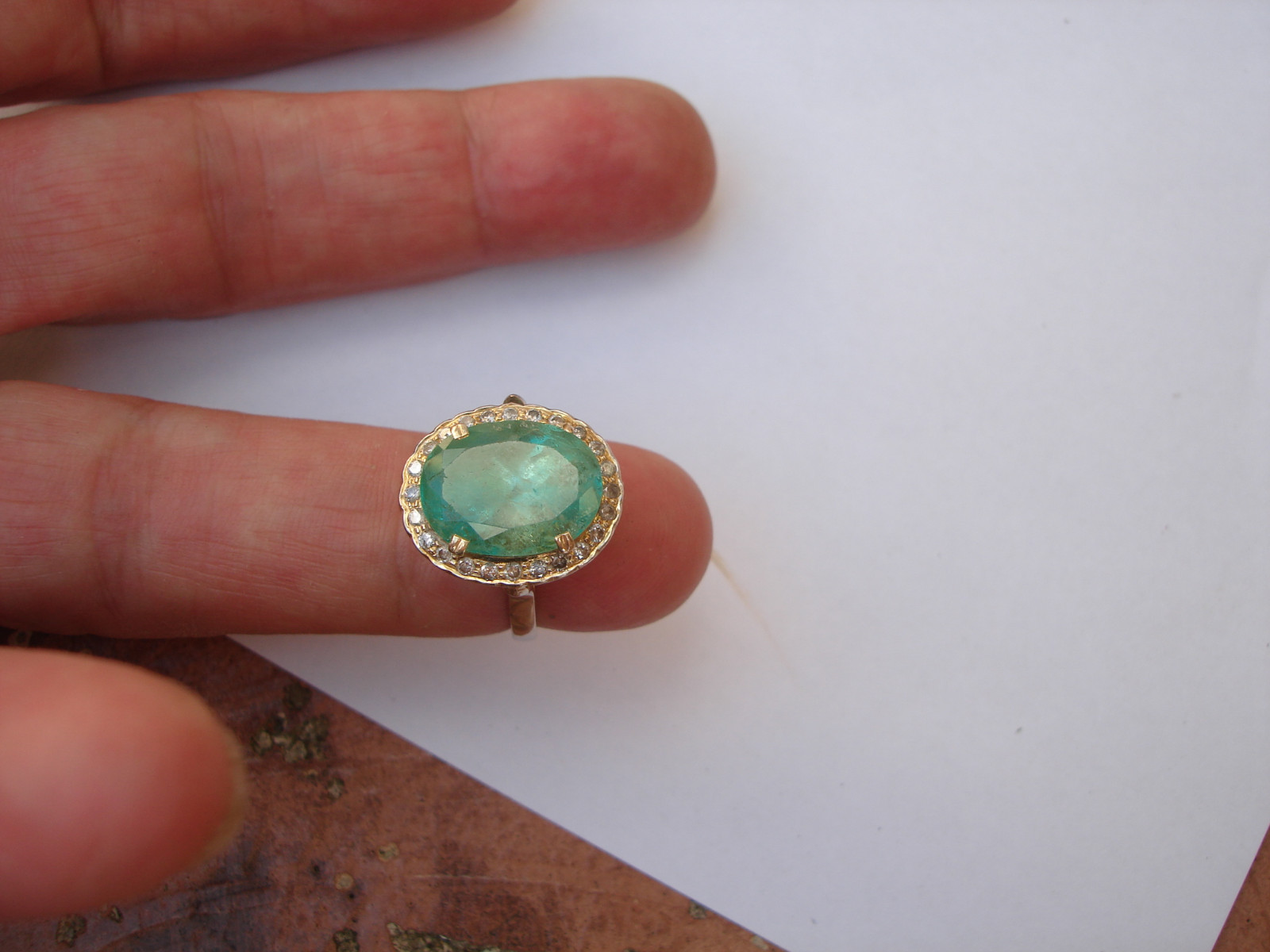 VINTAGE ELEGANT 14K SOLID WHITE GOLD BERYL EMERALD DIAMONDS COCKTAIL RING SIZE 6