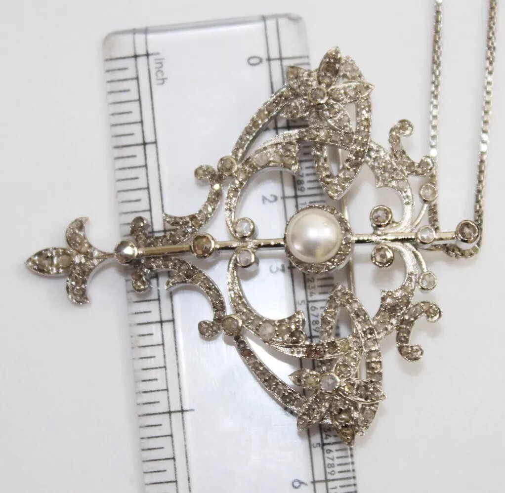 4.16ct Rose Cut Diamond Victorian Look Pearl 925 Silver Brooch And Necklace