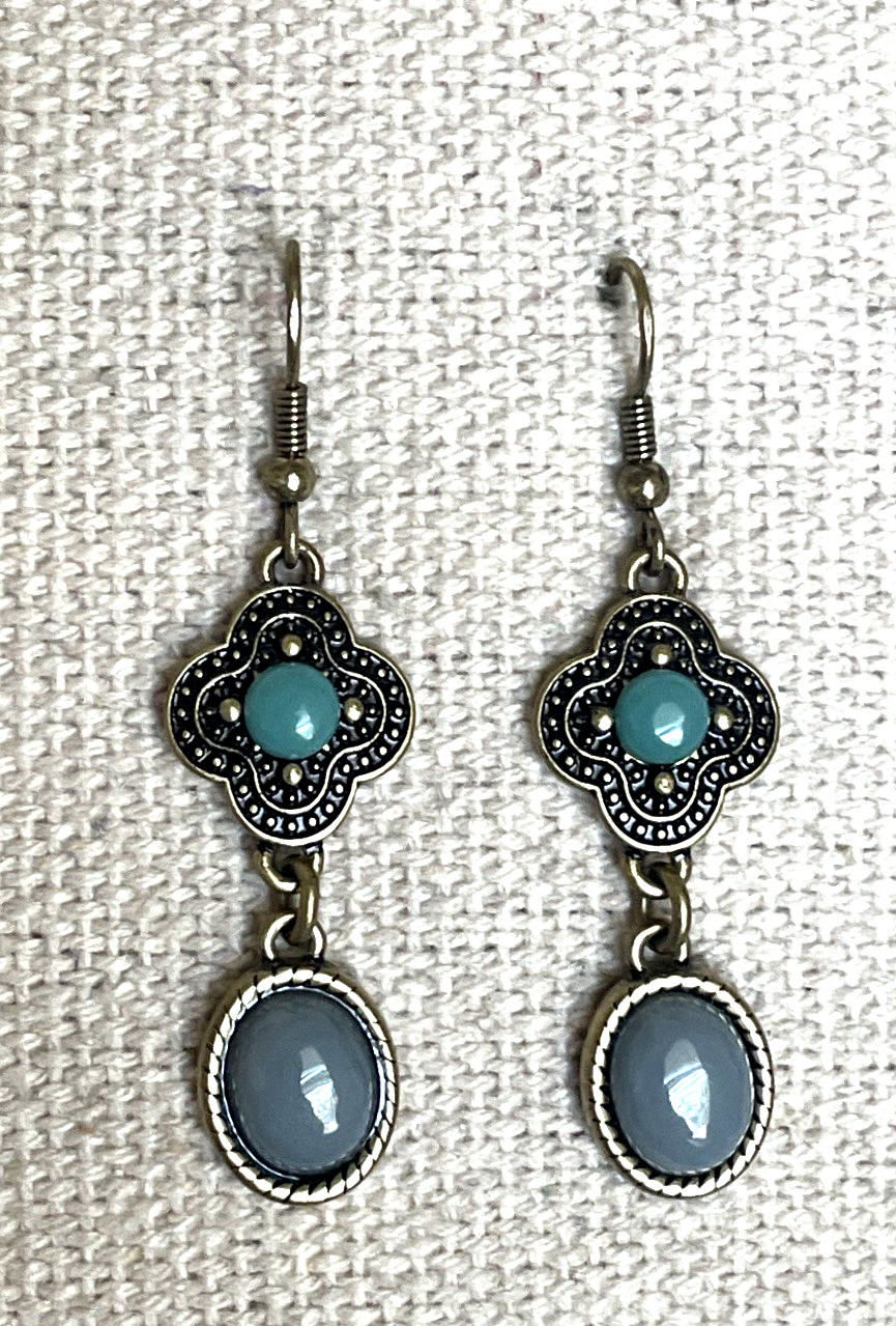 Bohemian Style Antiqued Finish Blue Drop Dangle Pierced Earrings