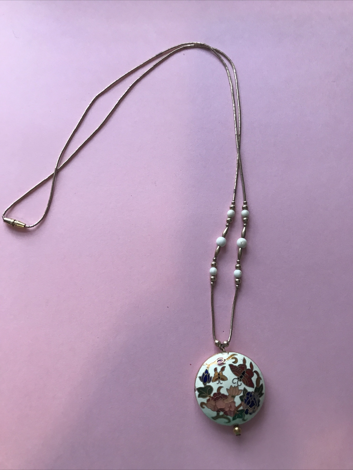 Vintage Oriental Ivory and Gold Tone Necklace with Flowers & Butterflies