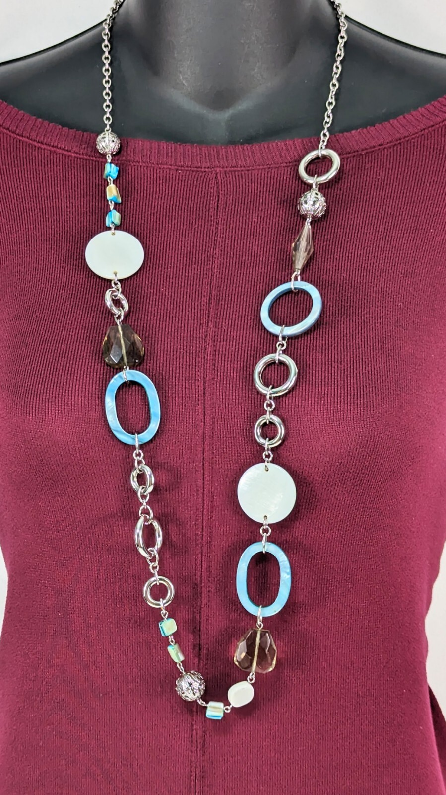 LIA SOPHIA Silver Tone Necklace 36″ + Blue Shell Circle Brown Smokey Glass Beads