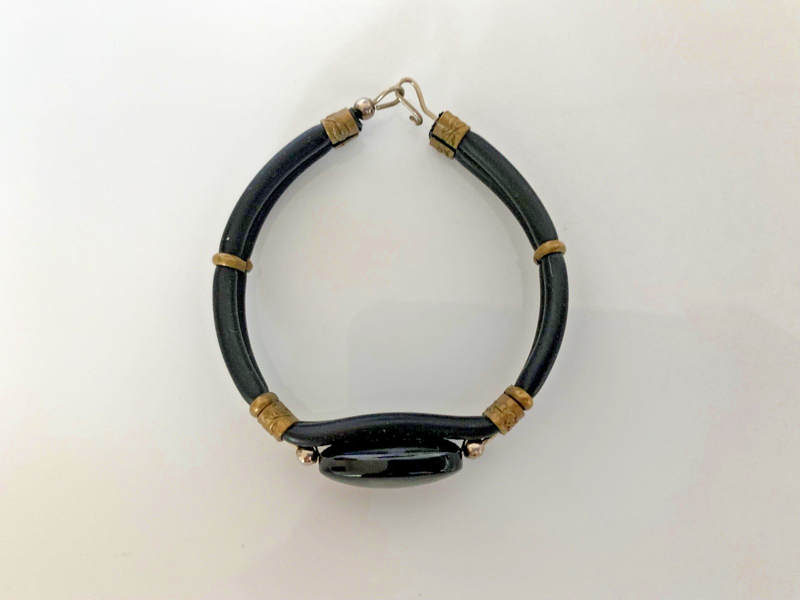 Vintage Black Onyx Style Bracelet Brass Spacers Boho Artisan Hook Clasp