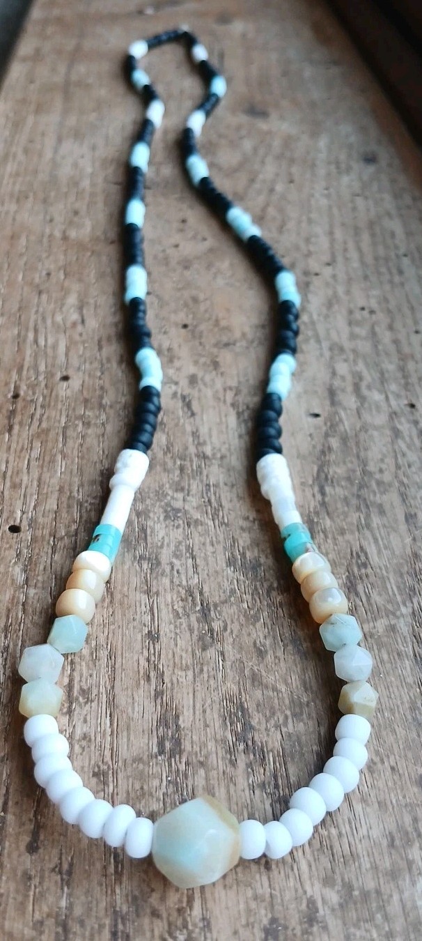 Amazonite River Shell Glass Bead Necklace Hemp Cord Hippie Boho Layering