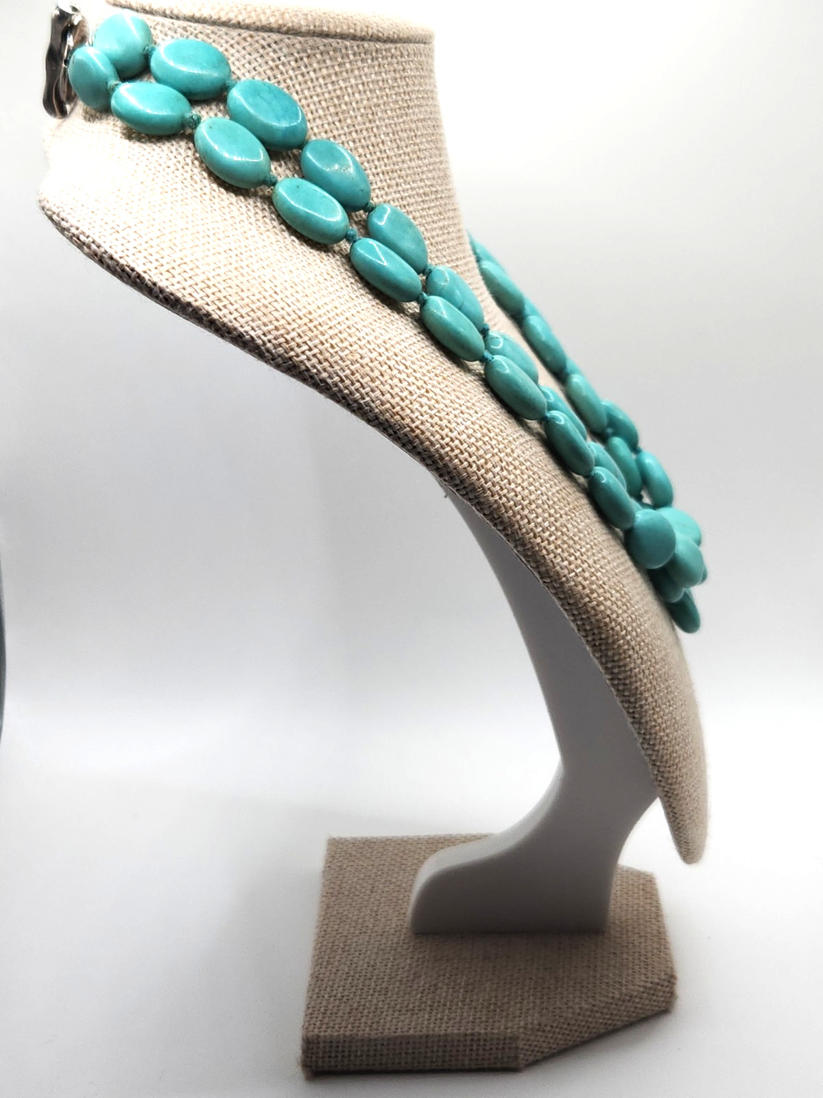Double Strand Turquoise Necklace Sterling 925 Silver Clasp Oval Beads Light Blue