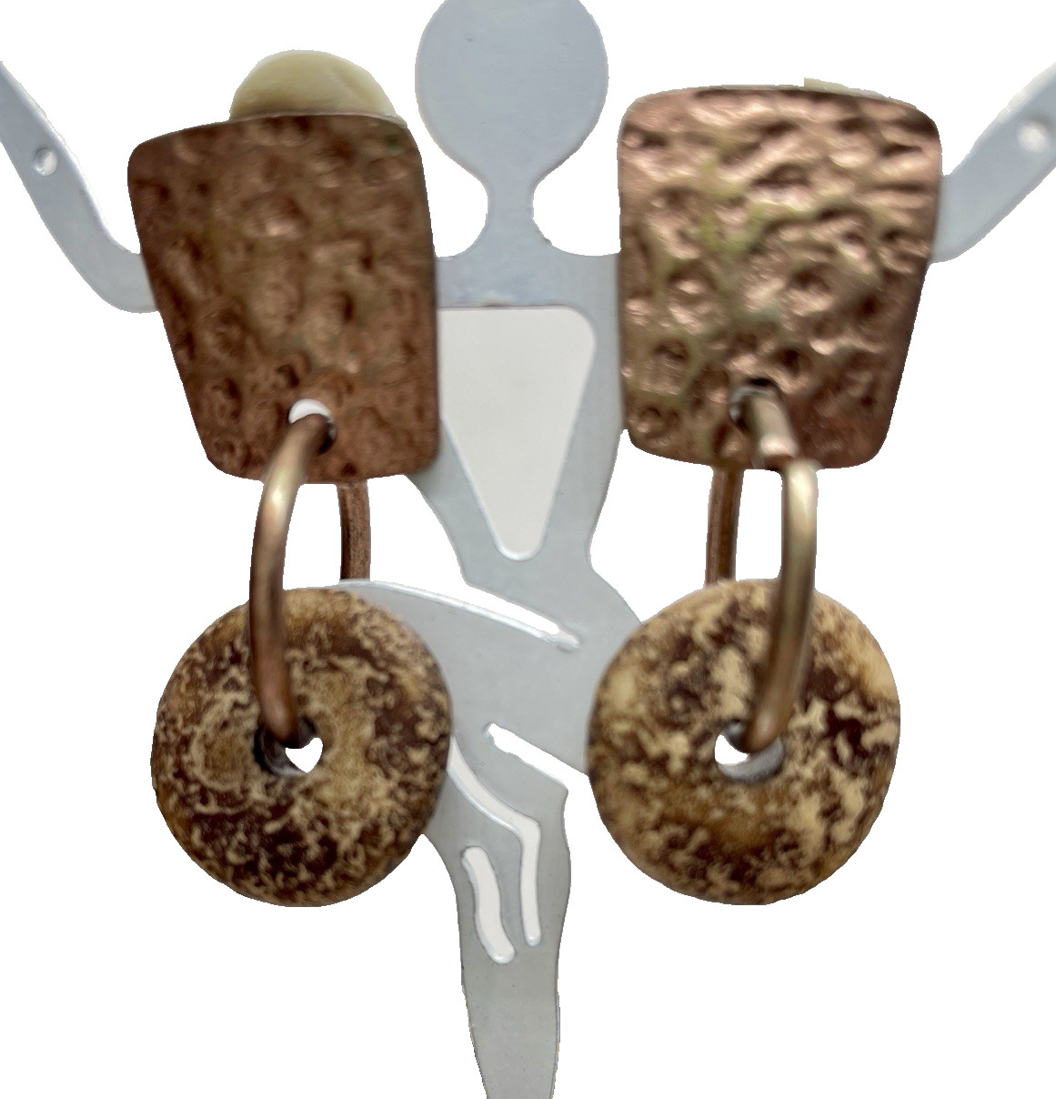 Norma Jean Earrings Drop Dangle Hammered Coppertone Metal & Disc Clip-on Signed