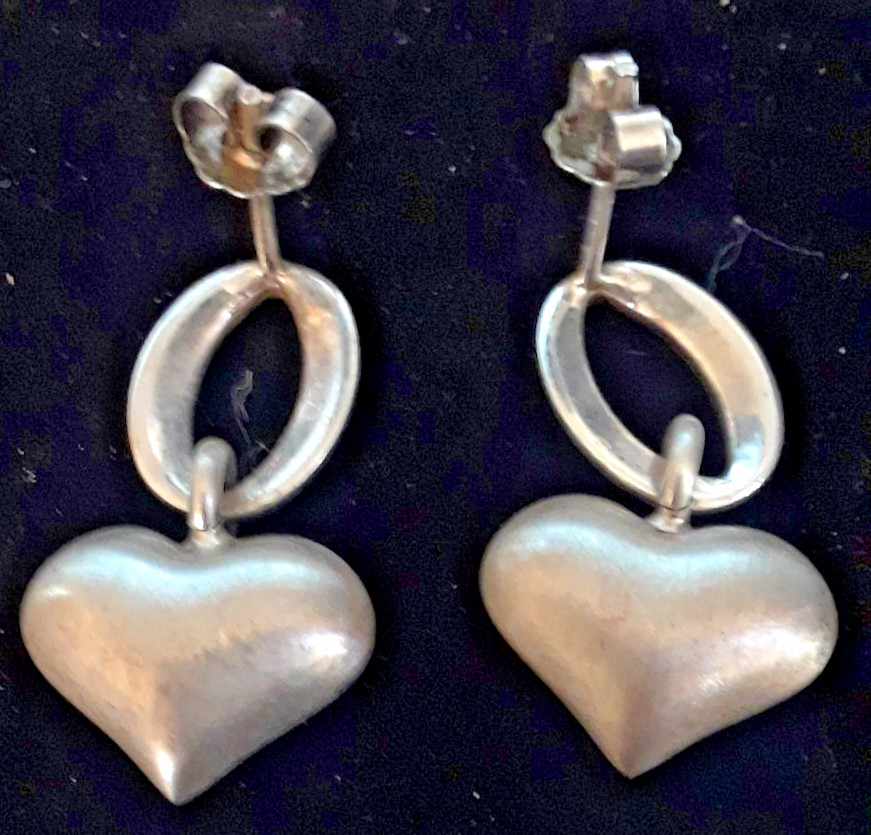 Vintage Sterling Silver Puffy Heart About 1 Inch Drop Earrings