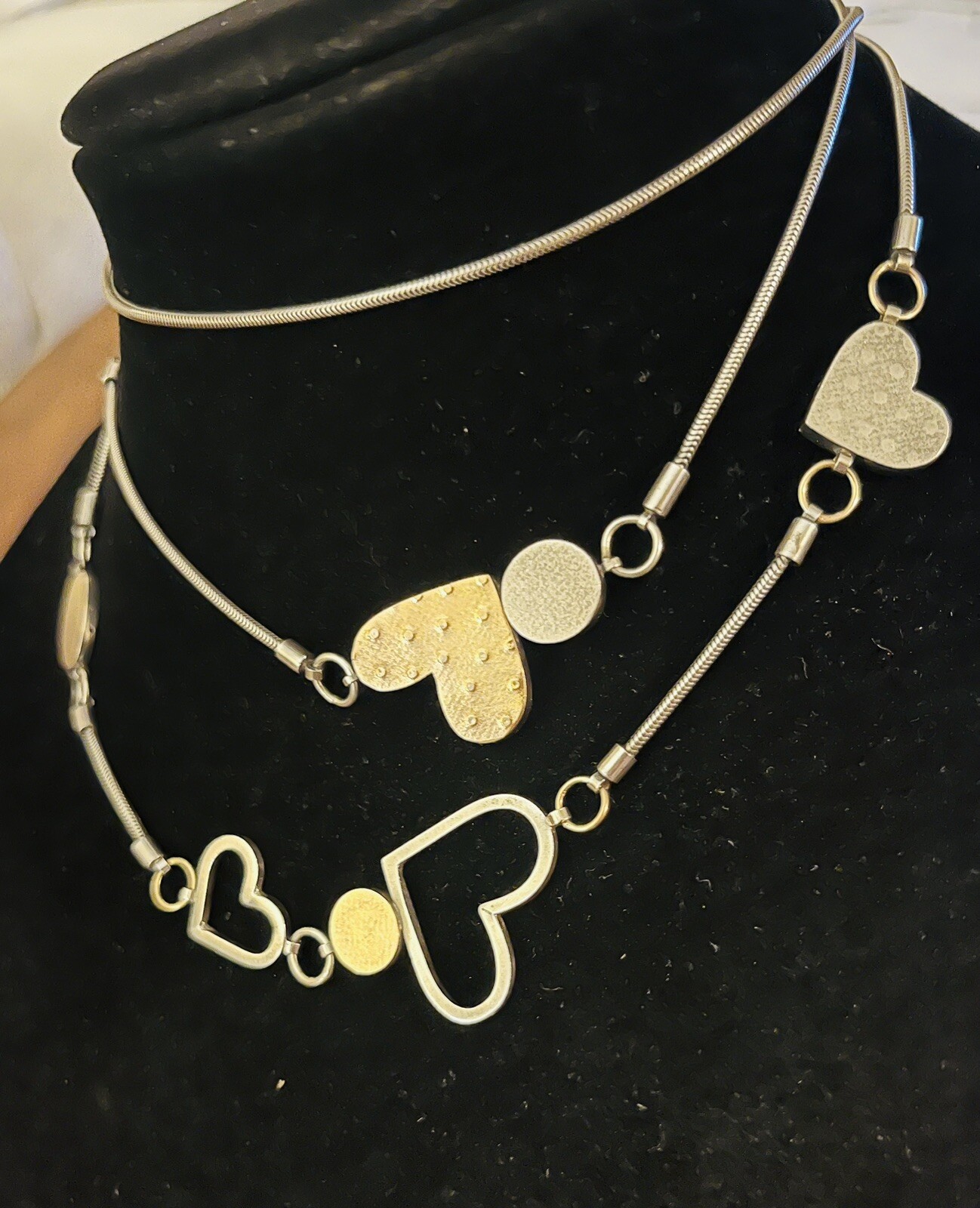 Vtg Estate Mid Century Modernist Textured Sterling Gold Hearts Station Necklace
