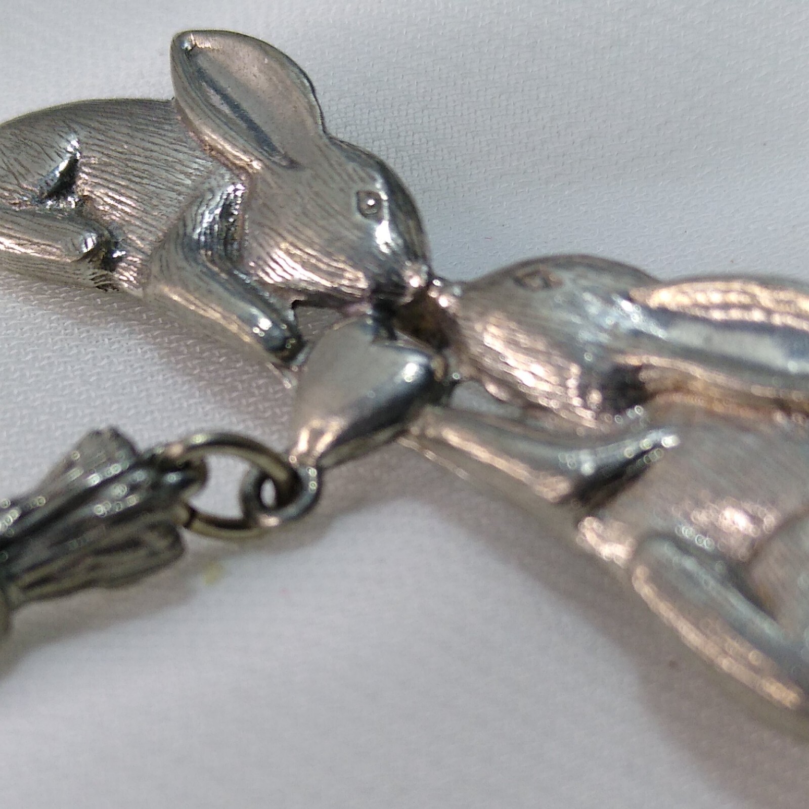 CLIFT Double Heart Rabbits w/Carrot Charm VTG Pewter Metal Pin 2″ Designer!