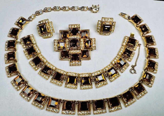 Bogoff “Tawny Topaz” Swarovski Emerald Cut Gold Plate Parure