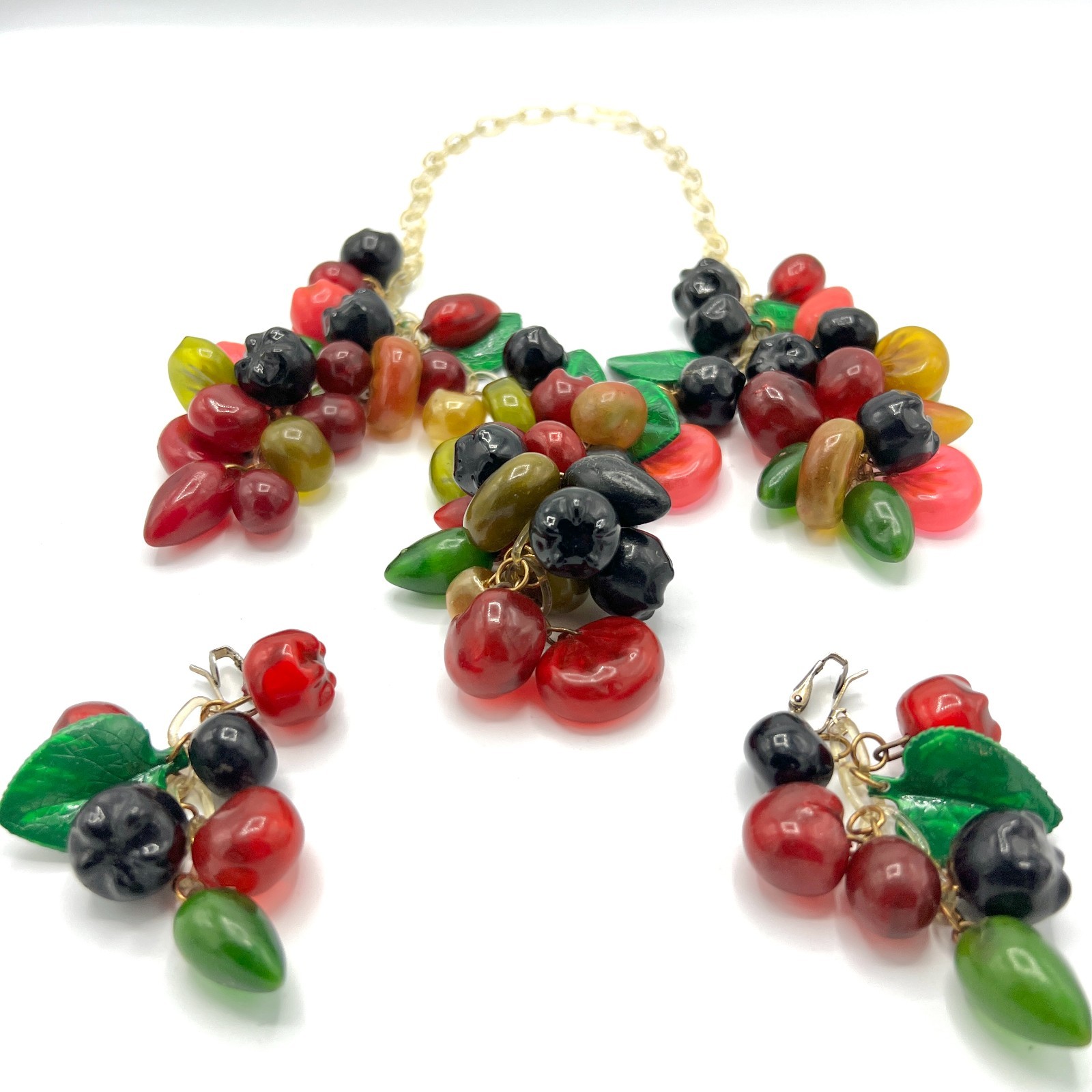 Anka Celluloid Mixed Fruit Necklace & Earring Set Vintage Stock 1920s Fruit