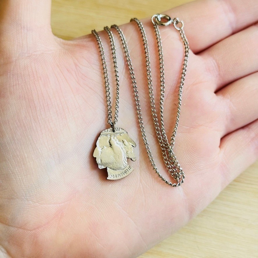 VTG Indian Head Buffalo Nickel Coin Cutout necklace Silver Tone Retro 70s 19″