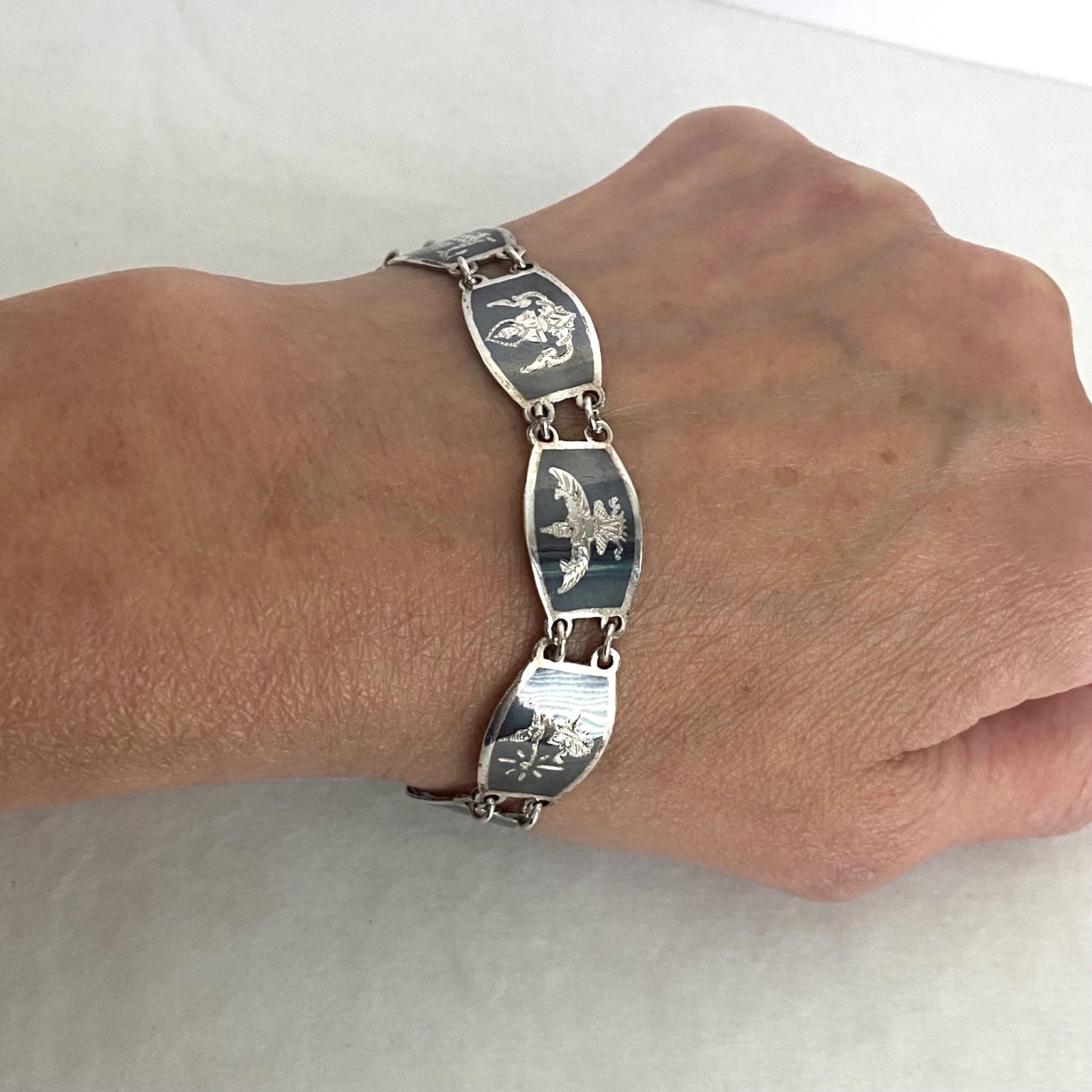 Signed SIAM Thai Sterling Silver 925 Black Niello Garuda Panel Bracelet 6.75″