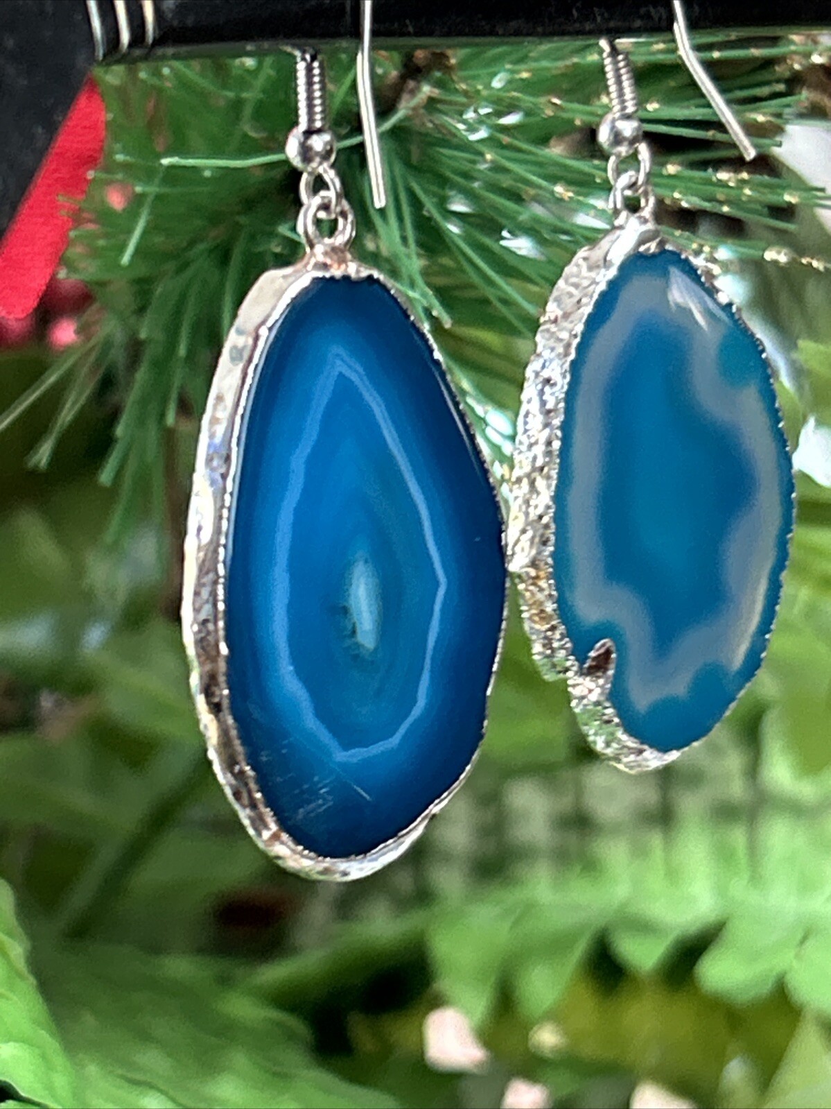 Vintage Silver Tone Blue Geode Slice Dangle Drop Pierced Earrings Large 2.25”