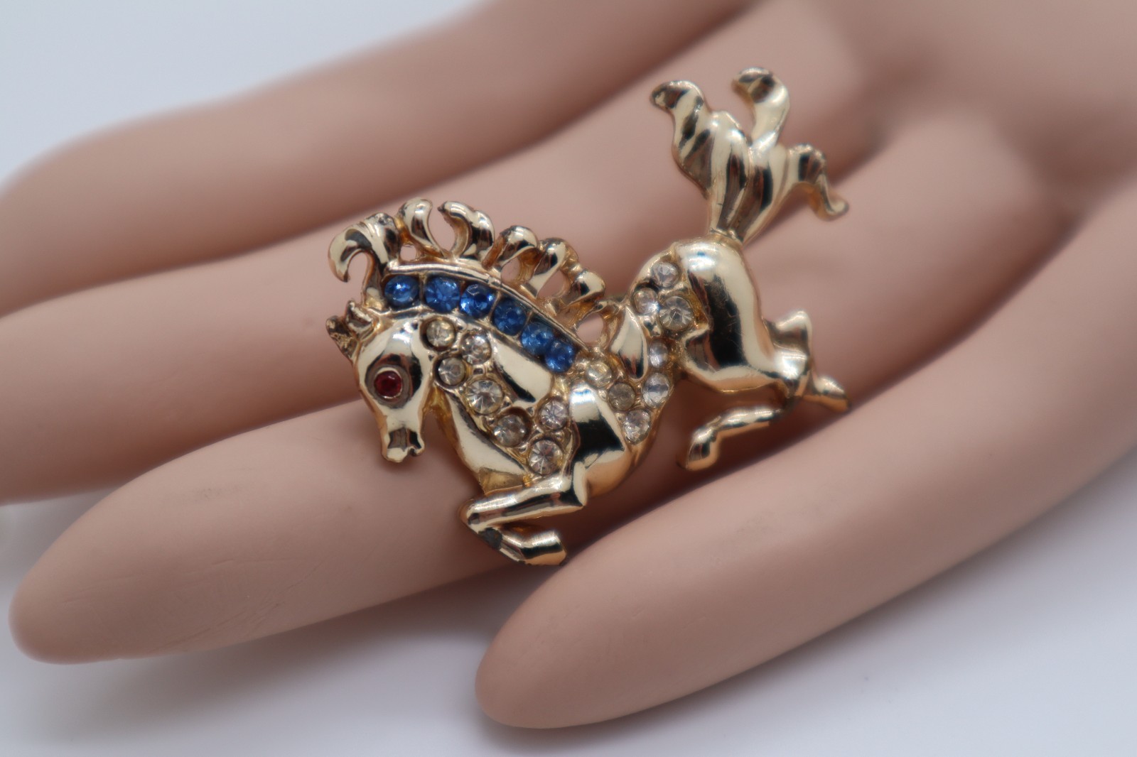 Vintage Figural Carousel HORSE Brooch Pin MCM Blue, Clear, Red Stones Gold tone