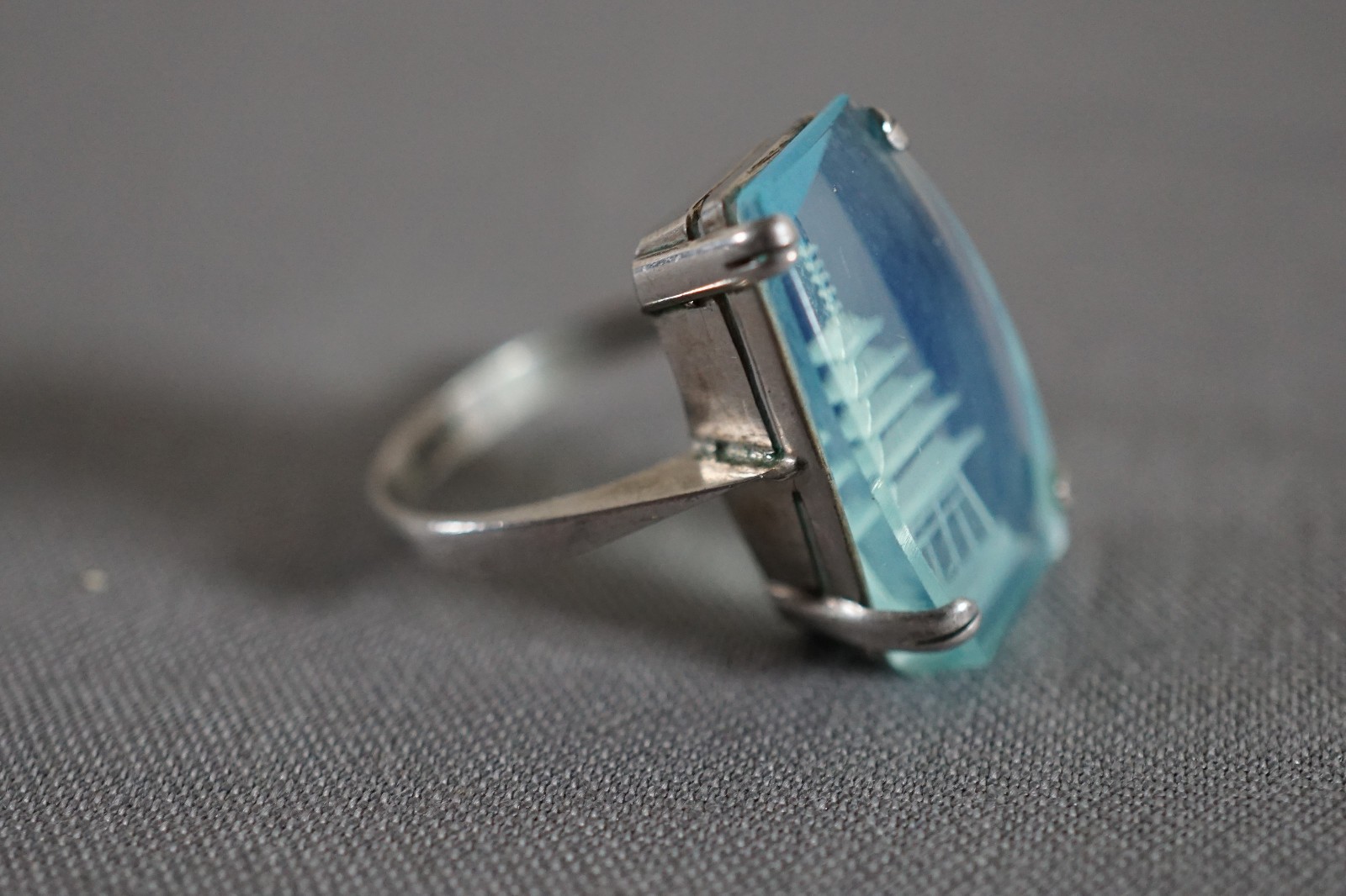 Vintage Blue Reverse-Carved Asian Temple Buildings Sterling Ring