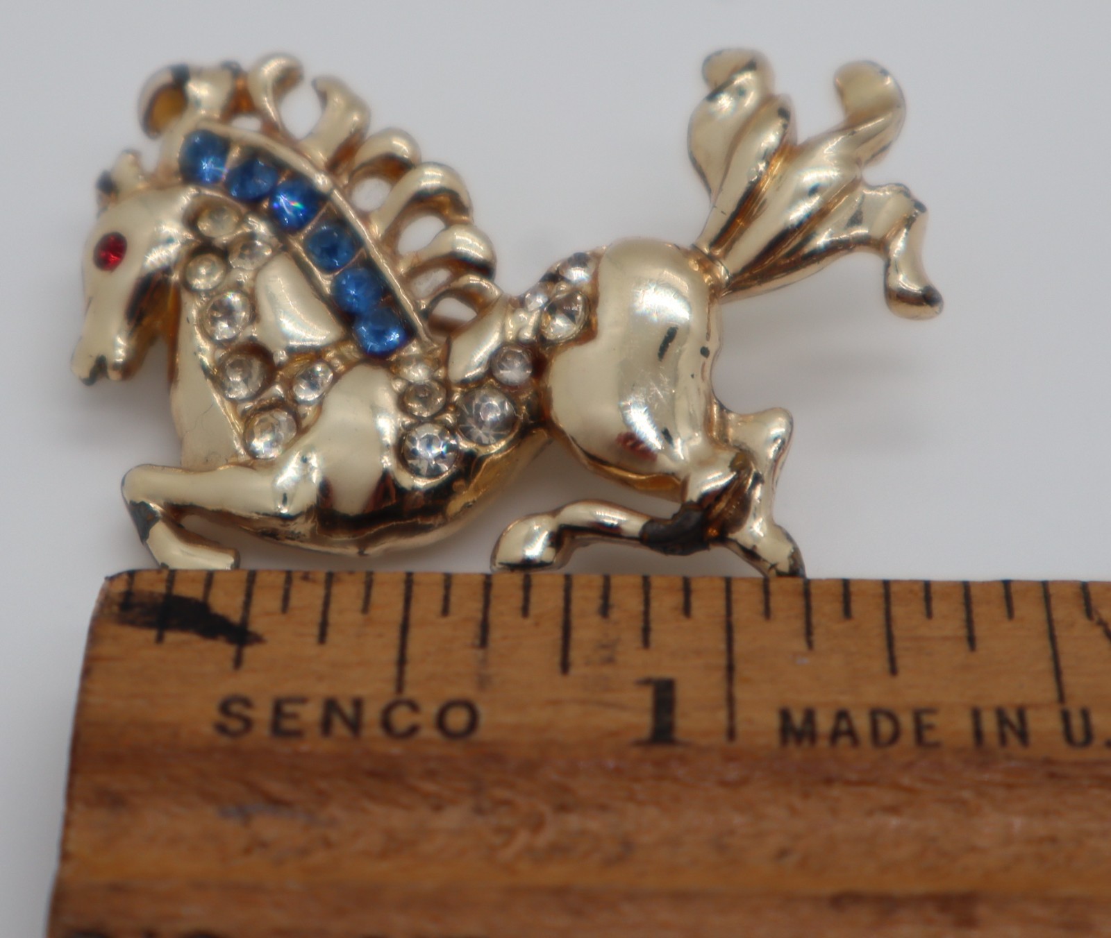 Vintage Figural Carousel HORSE Brooch Pin MCM Blue, Clear, Red Stones Gold tone
